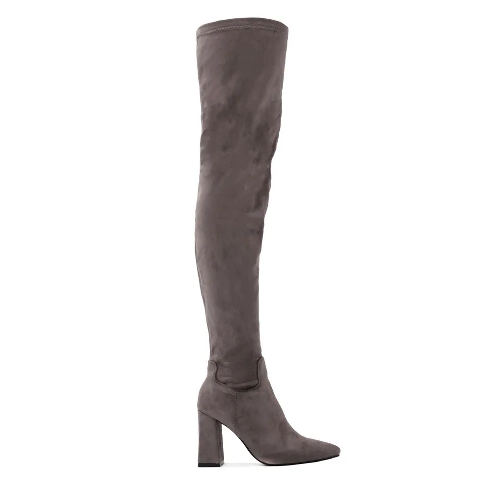 Rapture Over the Knee Boots in Grey Faux Suede sold by Public Desire