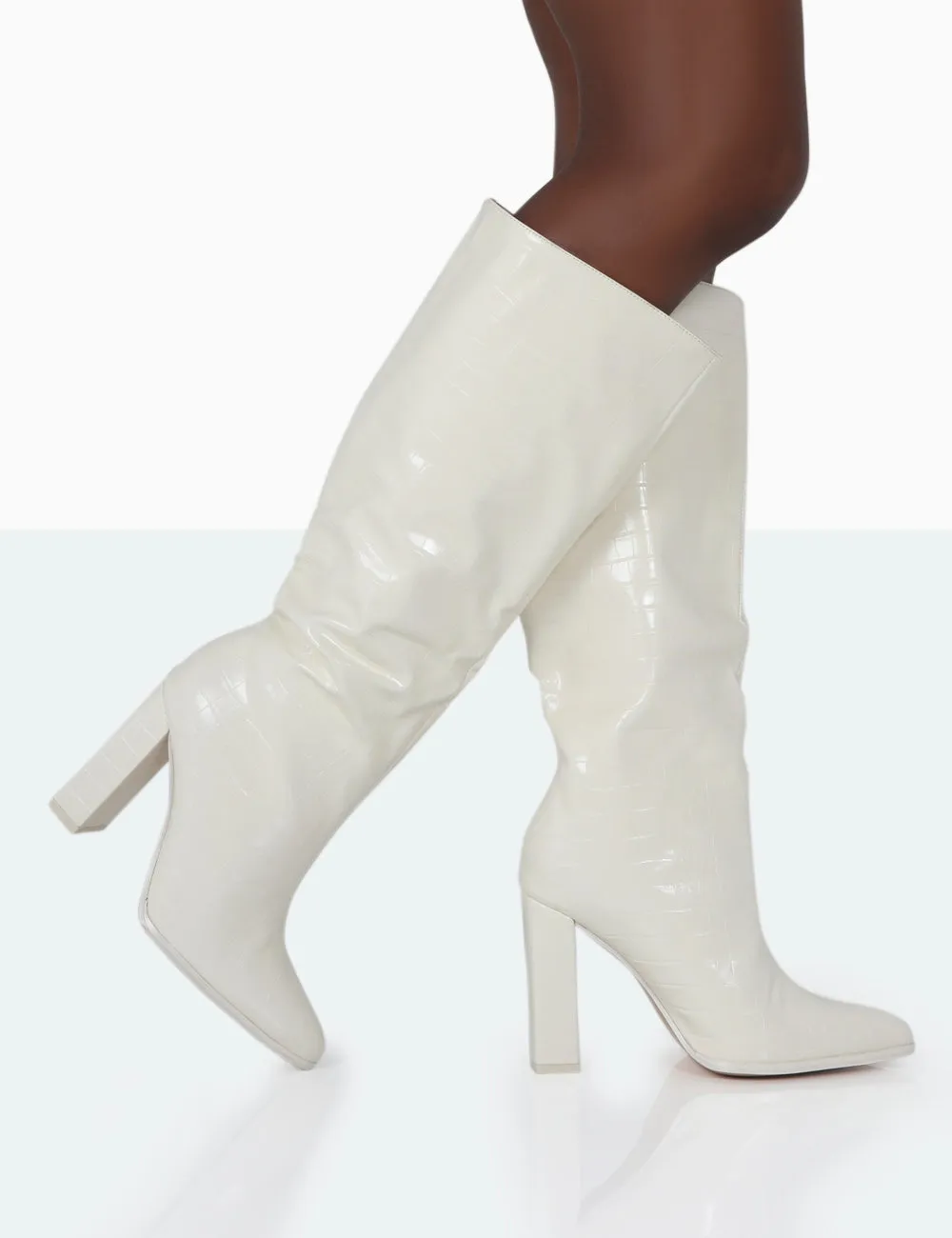 Posie Wide Fit Ecru Croc Knee High Block Heel Boots sold by Public Desire product image thumbnail 3