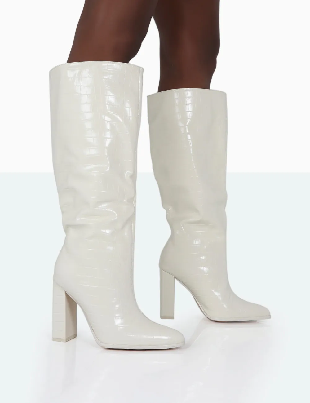 Posie Wide Fit Ecru Croc Knee High Block Heel Boots sold by Public Desire