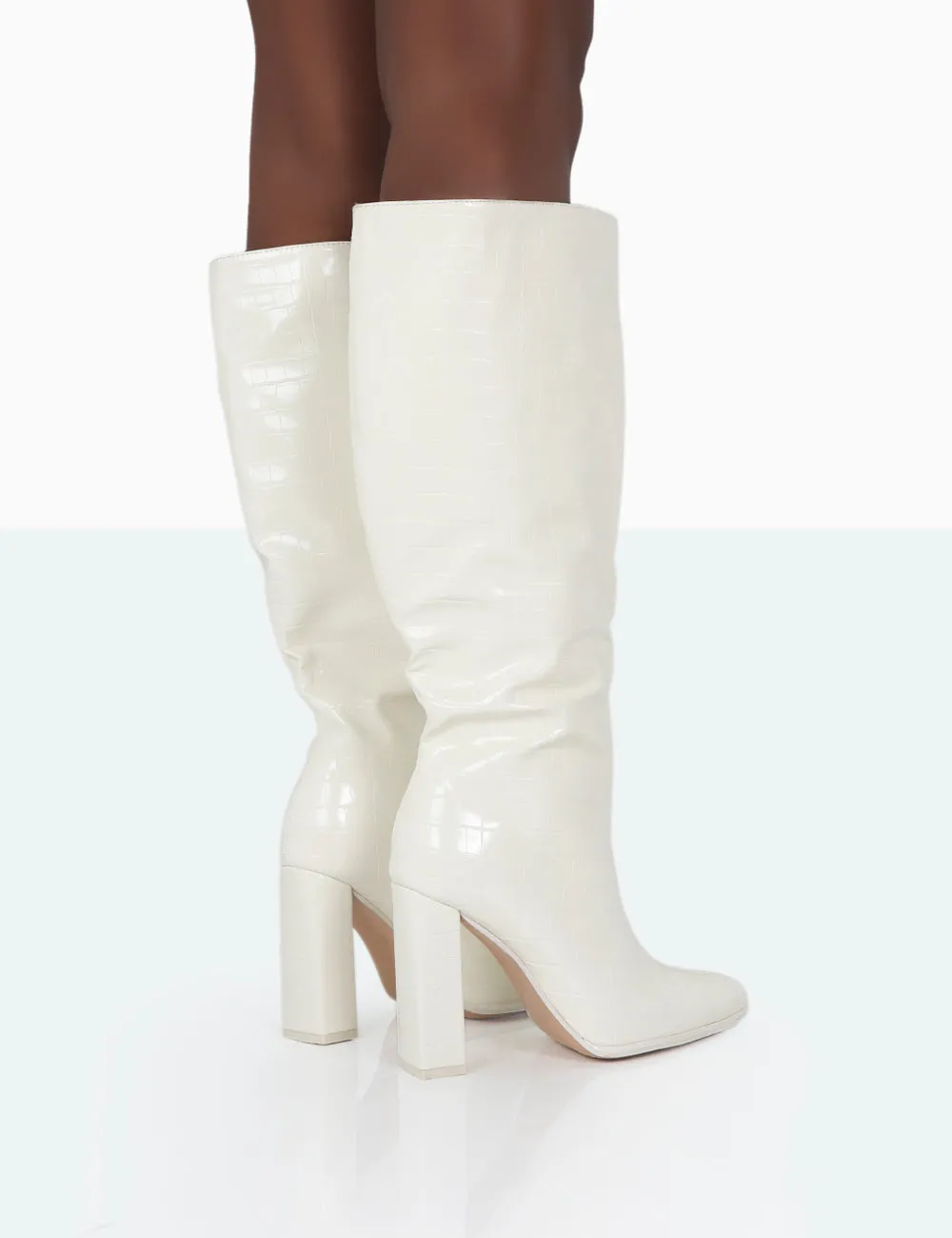 Posie Wide Fit Ecru Croc Knee High Block Heel Boots sold by Public Desire product image thumbnail 4