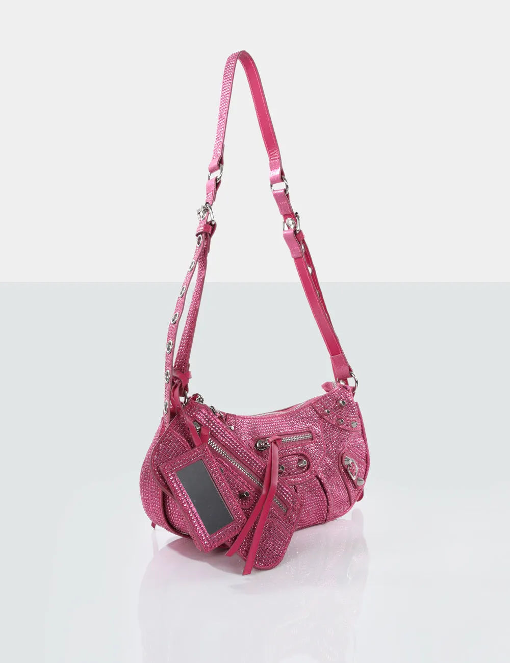 The Trackstar Hot Pink Diamante Studded Mirror Zip Detail Handbag sold by Public Desire product image thumbnail 3