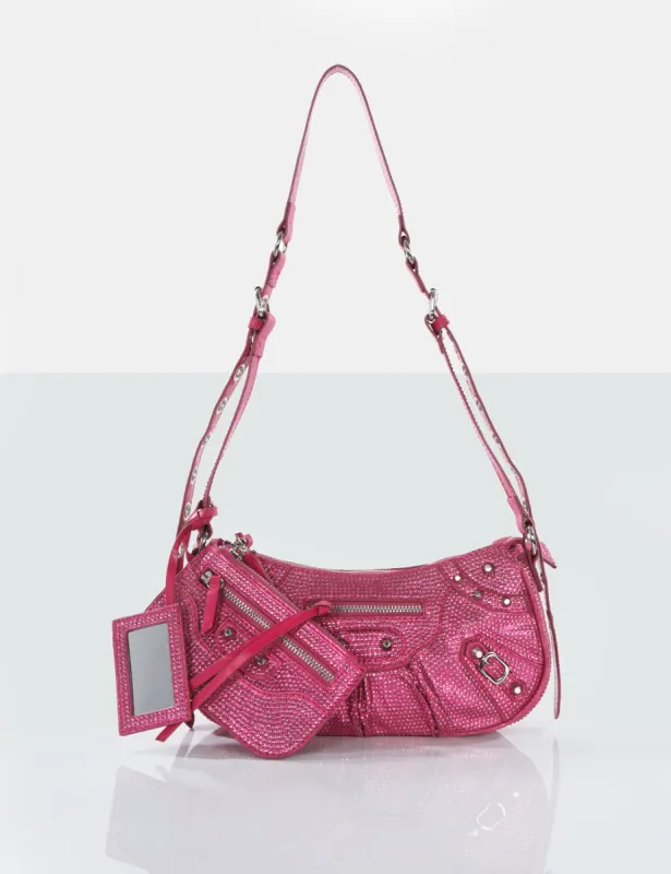 The Trackstar Hot Pink  Diamante Studded Mirror Zip Detail Handbag sold by Public Desire