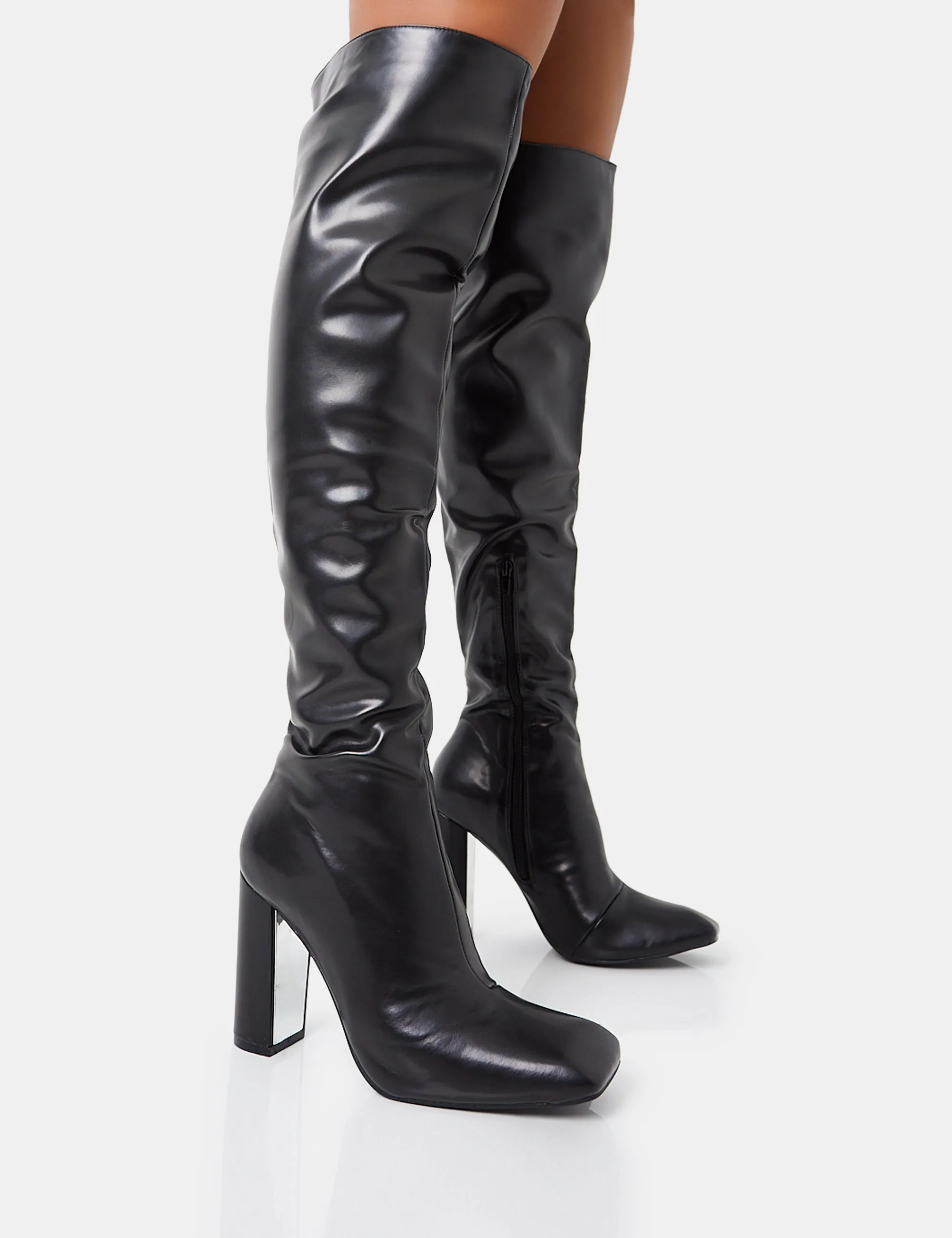 Lasta Black Pu Rounded Square Toe Block Heeled Over The Knee Boots sold by Public Desire