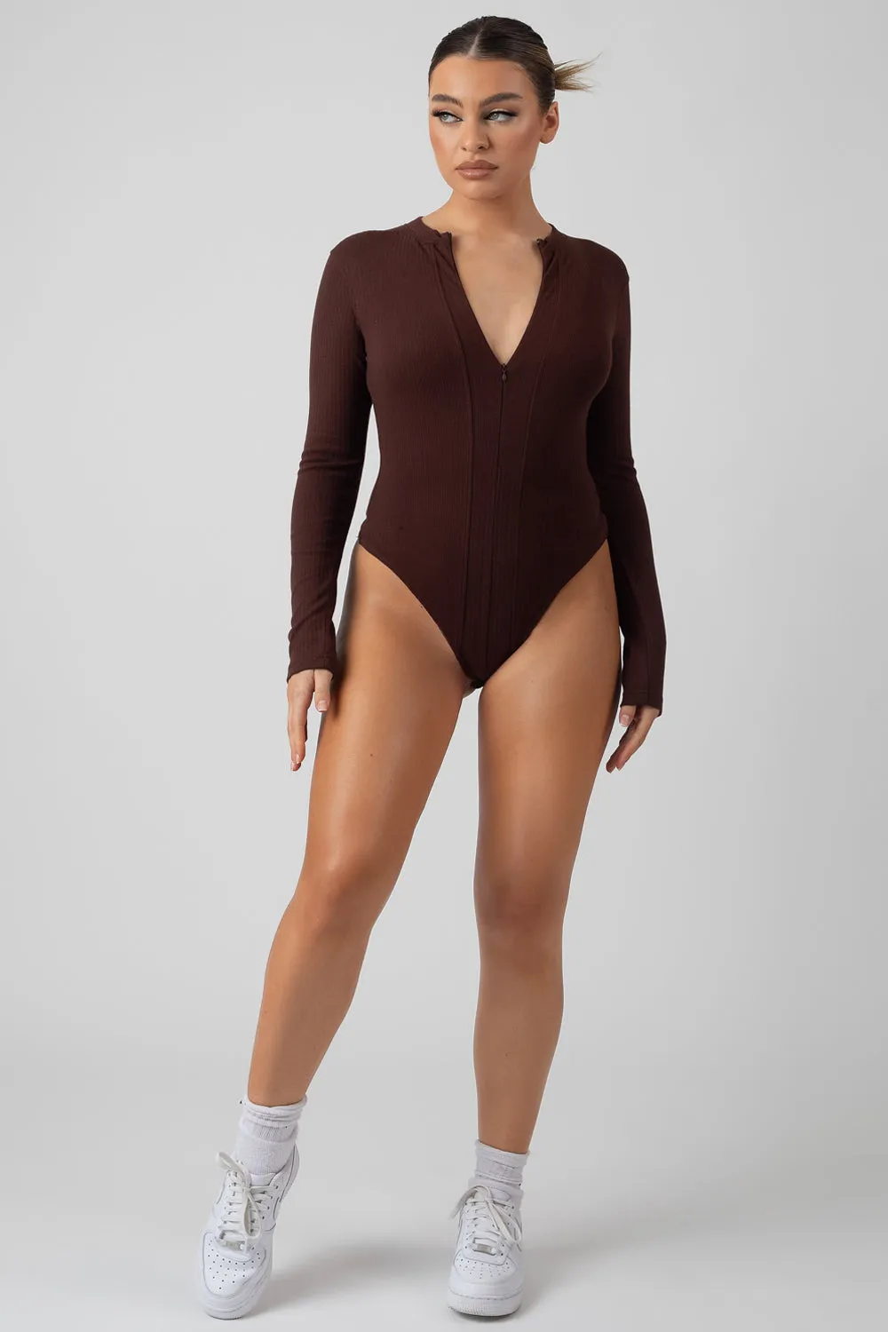 Zip Front Ribbed Bodysuit Coffee sold by Public Desire product image thumbnail 2