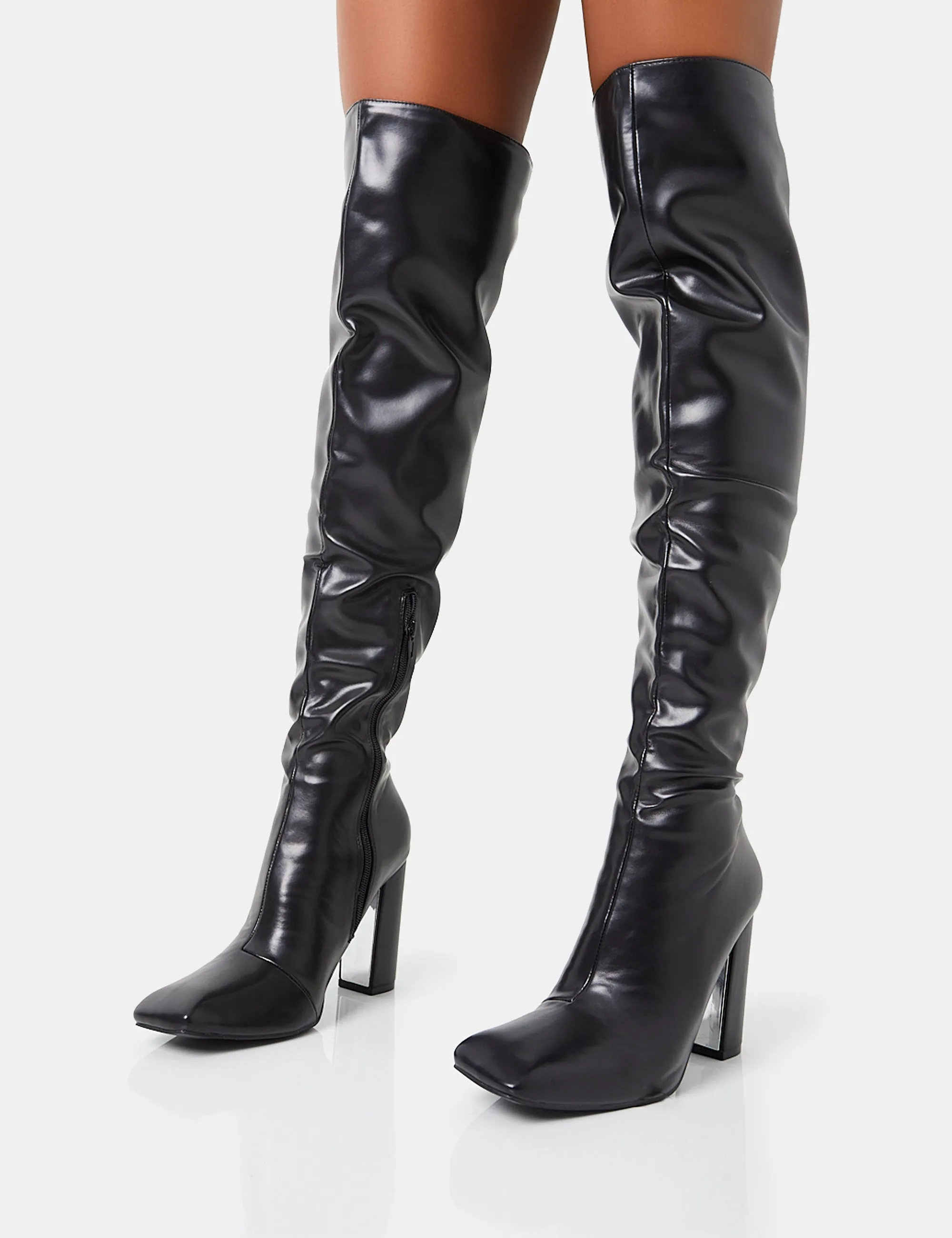 Lasta Black Pu Rounded Square Toe Block Heeled Over The Knee Boots sold by Public Desire product image thumbnail 3