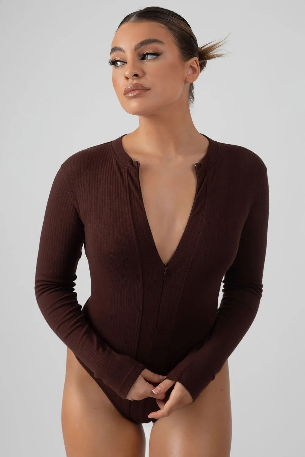 Zip Front Ribbed Bodysuit Coffee sold by Public Desire