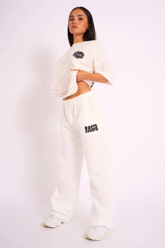 Kaiia Studio Bubble Logo Wide Leg Jogger White & Black sold by Public Desire