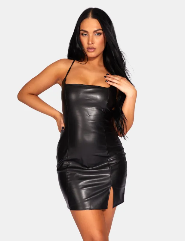 Lace Up Pu Mini Dress Black sold by Public Desire