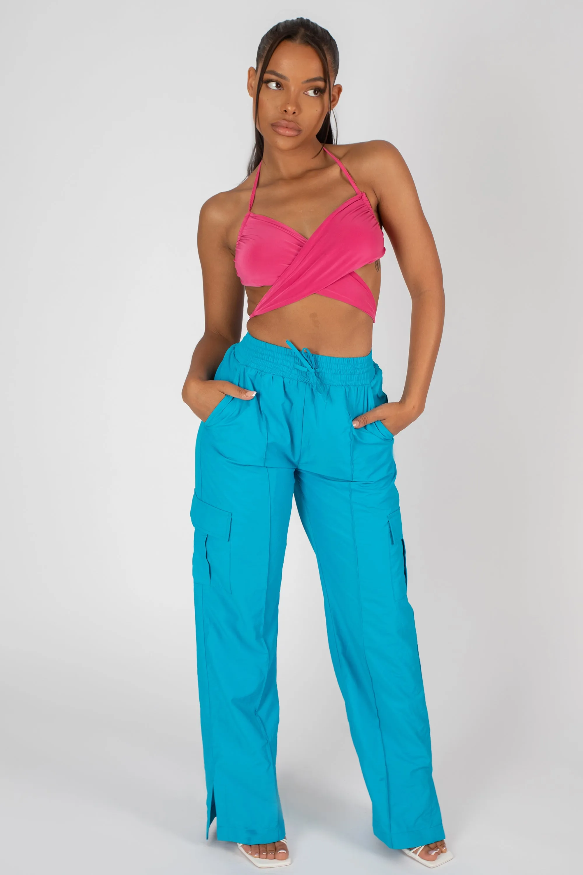 Split Hem Wide Leg Cargo Pocket Trouser Blue sold by Public Desire