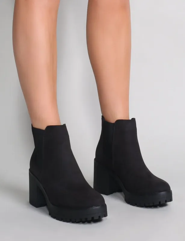 Krissie Heeled Chelsea Boots in Black Faux Suede sold by Public Desire