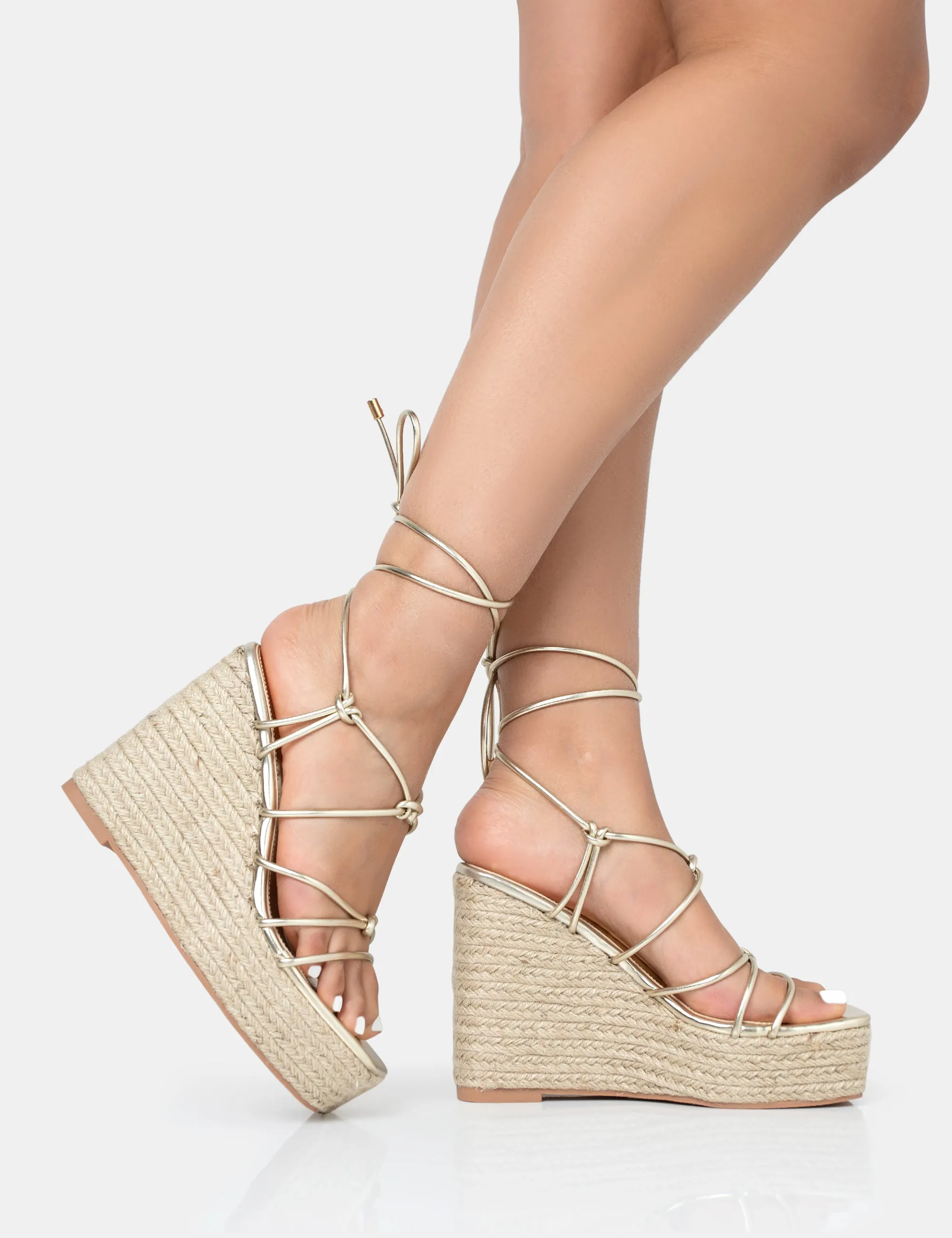Islander Gold Lace Up Square Toe High Heeled Sandal Esparille Wedges sold by Public Desire product image thumbnail 2