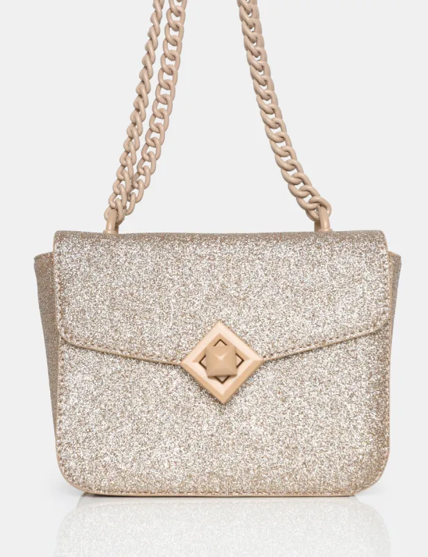 The Pixie Gold Glitter Bag Chain Detail Shoulder Bag sold by Public Desire