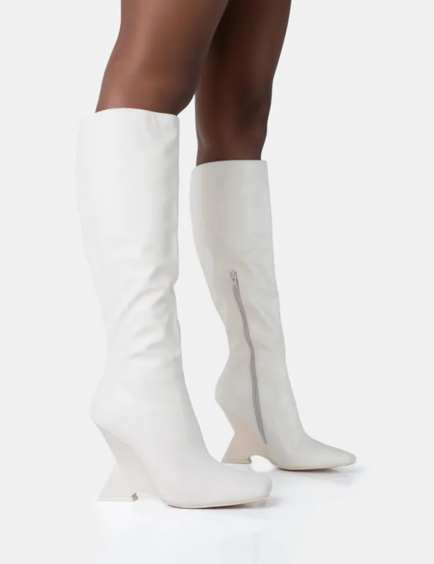 Vanessa Ecru PU Inverted Wedge Square Toe Heeled Knee High Boots made by Public Desire
