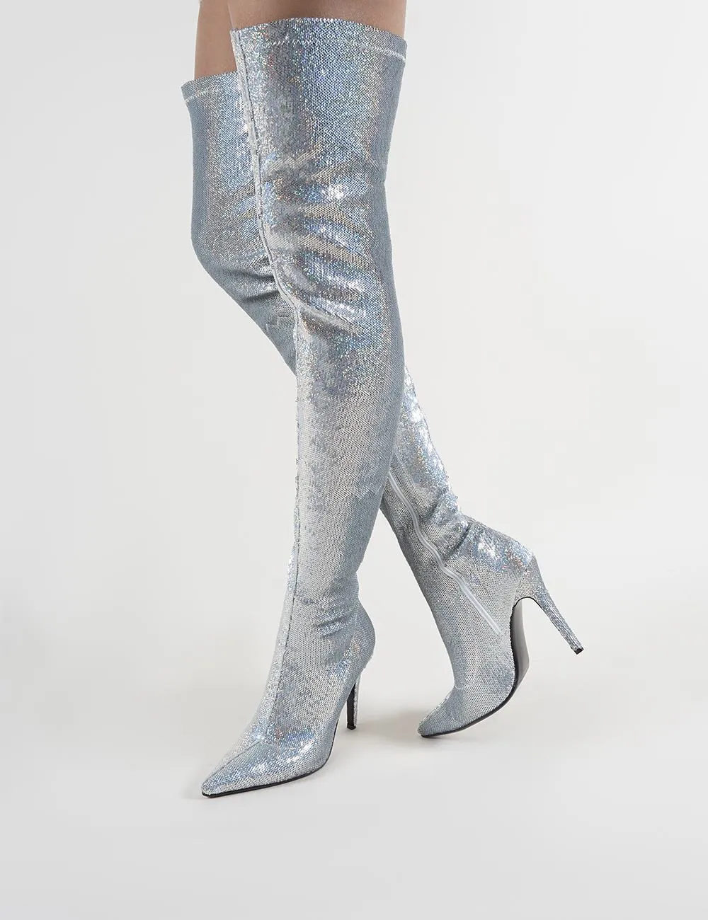 Dazzle Pointed Toe Over The Knee Boots in Silver Sequins sold by Public Desire product image thumbnail 4