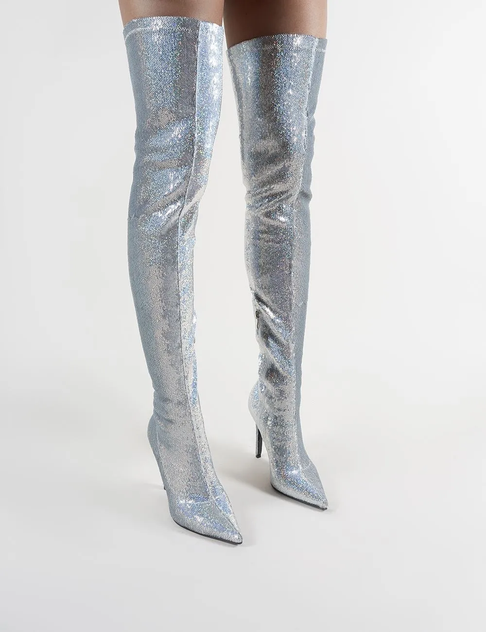 Dazzle Pointed Toe Over The Knee Boots in Silver Sequins sold by Public Desire product image thumbnail 2
