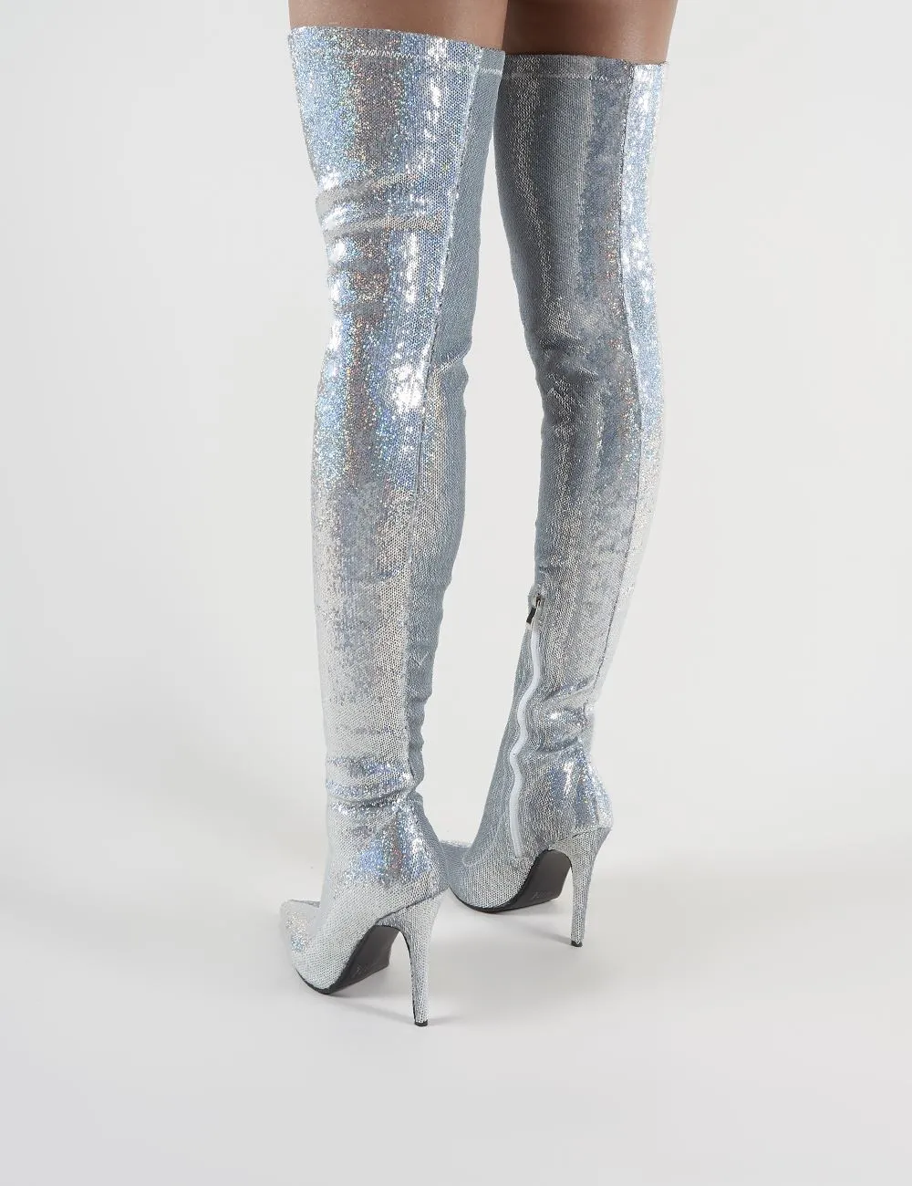 Dazzle Pointed Toe Over The Knee Boots in Silver Sequins sold by Public Desire product image thumbnail 5