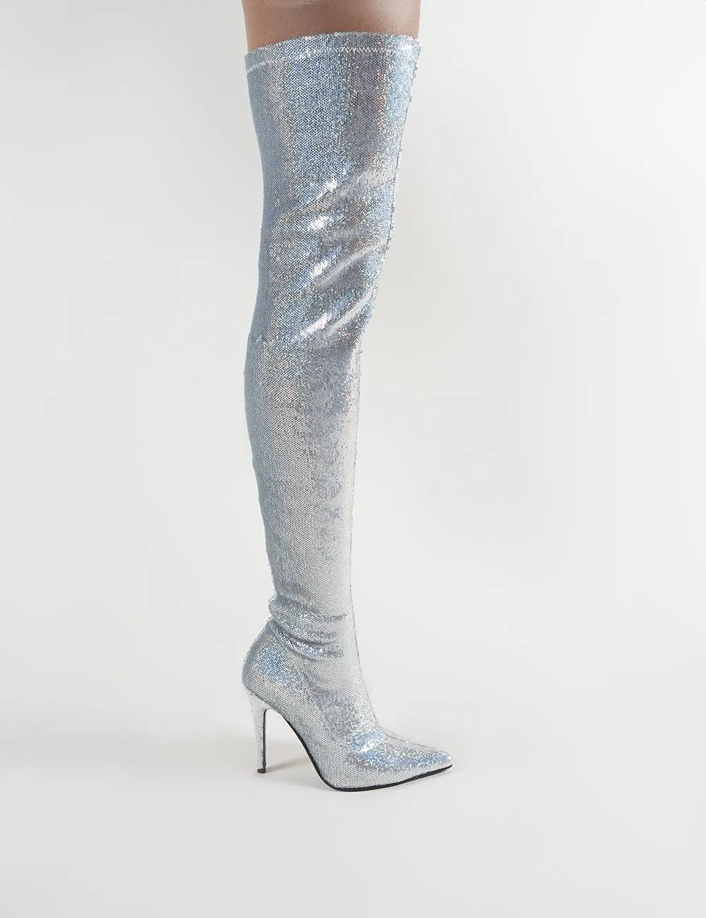 Dazzle Pointed Toe Over The Knee Boots in Silver Sequins sold by Public Desire product image thumbnail 3