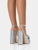 Magnum Silver Pu Knot Strap Platform Diamante Block Heels sold by Public Desire