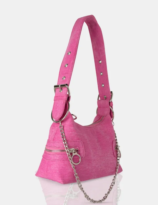 The Chain Bright Pink Denim Shoulder Bag sold by Public Desire