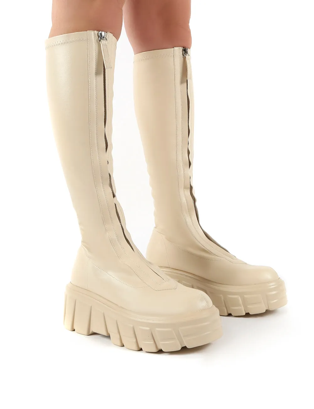 Quest Ecru Zip Up Chunky Sole Knee High Boots sold by Public Desire