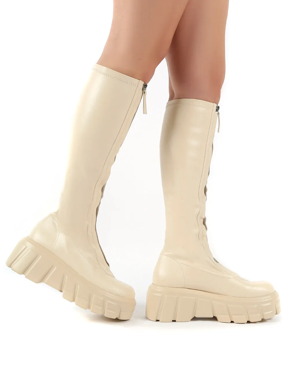 Quest Ecru Zip Up Chunky Sole Knee High Boots sold by Public Desire product image thumbnail 4