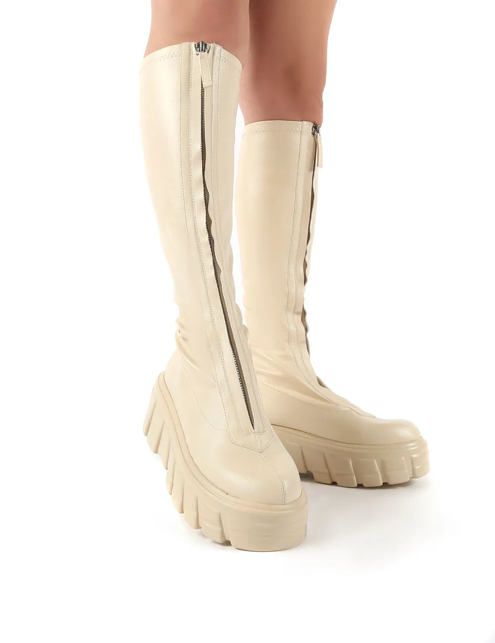 Quest Ecru Zip Up Chunky Sole Knee High Boots sold by Public Desire product image thumbnail 3