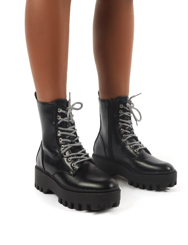 Annie Black Patent Croc Lace Up Chunky Ankle Boots sold by Public Desire