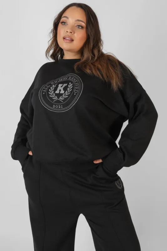Curve Kaiia Oversized Tonal Embroidered Sweatshirt Black sold by Public Desire