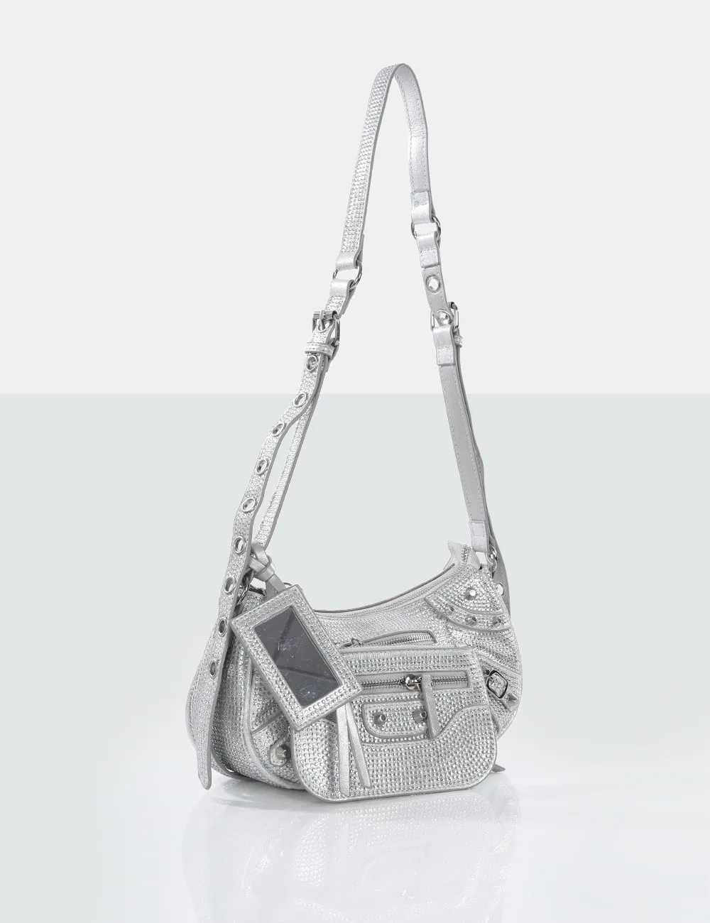 The Trackstar Silver Diamante Studded Mirror Zip Detail Handbag sold by Public Desire product image thumbnail 2