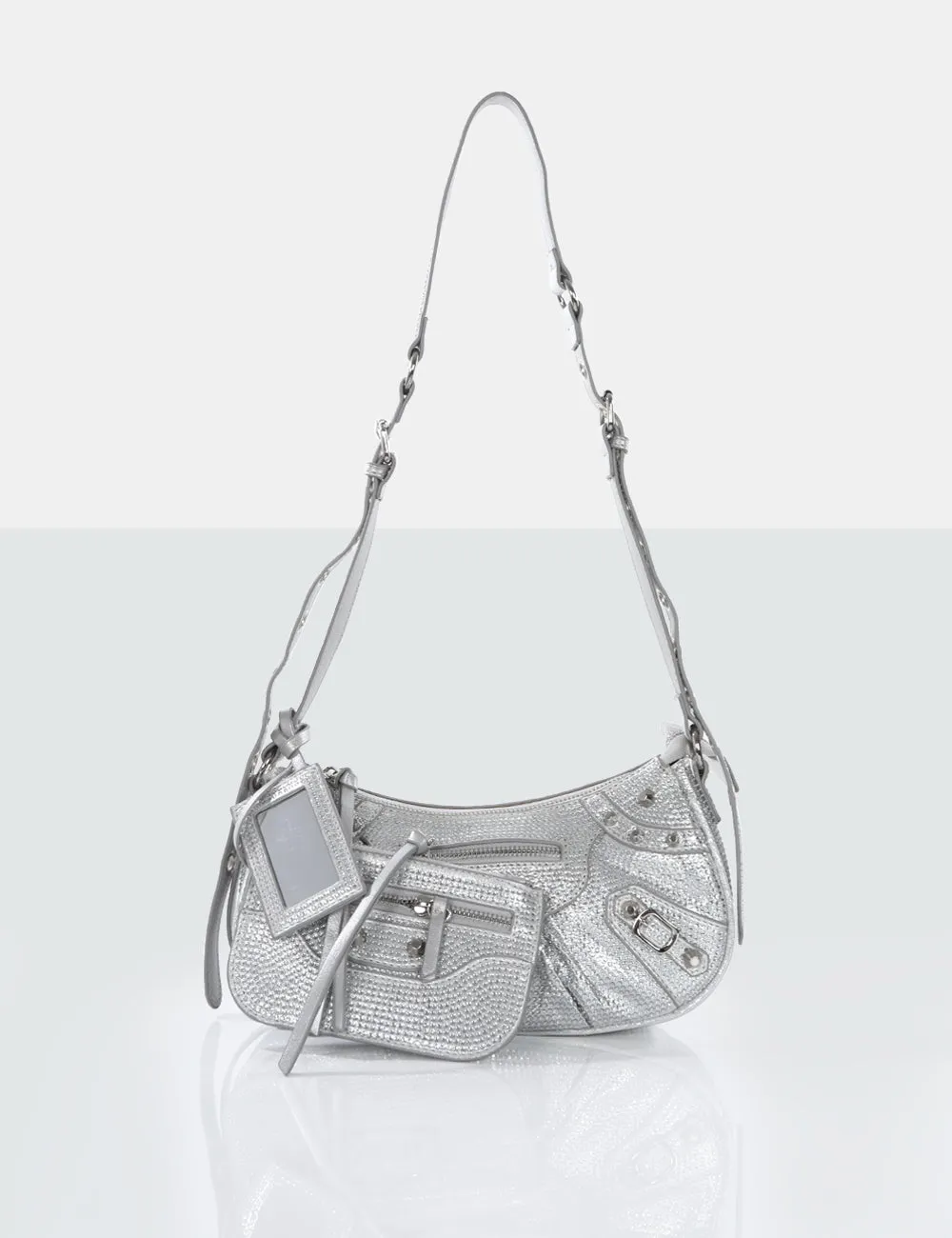 The Trackstar Silver Diamante Studded Mirror Zip Detail Handbag sold by Public Desire
