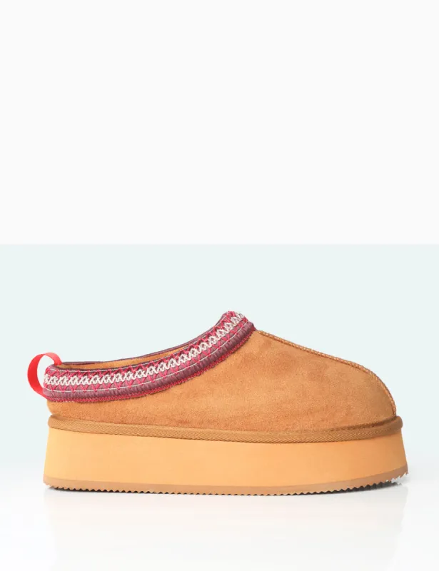 Vixon Chestnut Brown Faux Suede Embroidered Slipper Platform Boots sold by Public Desire