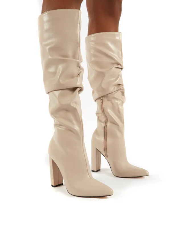 Yours Taupe PU Patent Heeled Knee High Block Boots sold by Public Desire