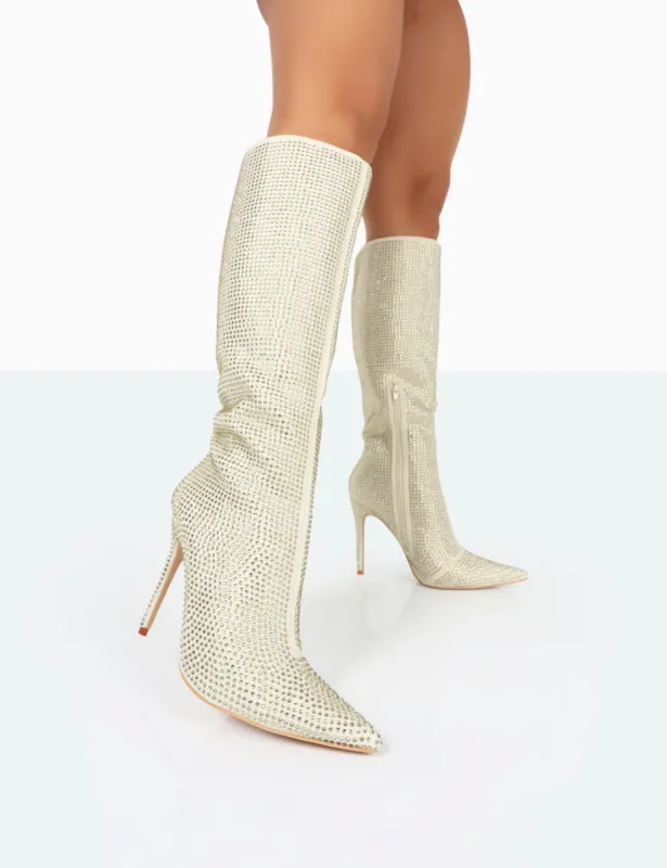 Lexi Gold Diamante Stiletto Knee High Boots sold by Public Desire