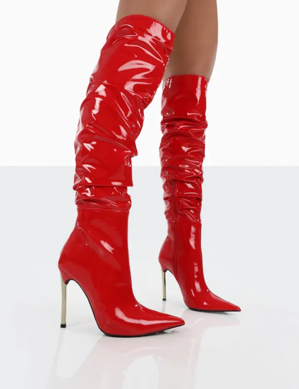 Energy Red Patent Pointed Toe Over The Knee Heeled Boots sold by Public Desire