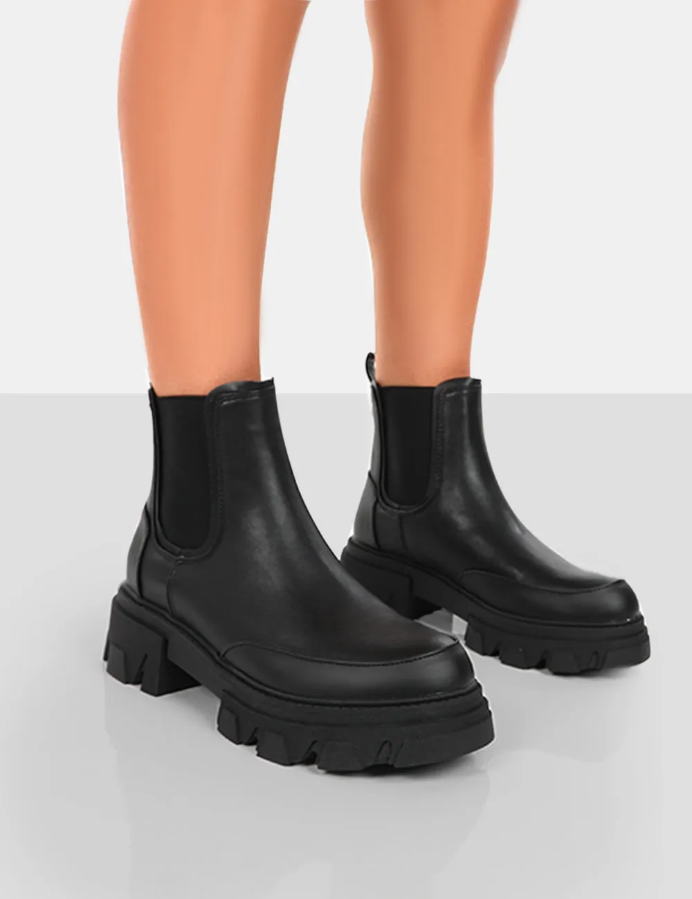 By Midnight Black Pu Platform Chunky Sole Chelsea Boots sold by Public Desire