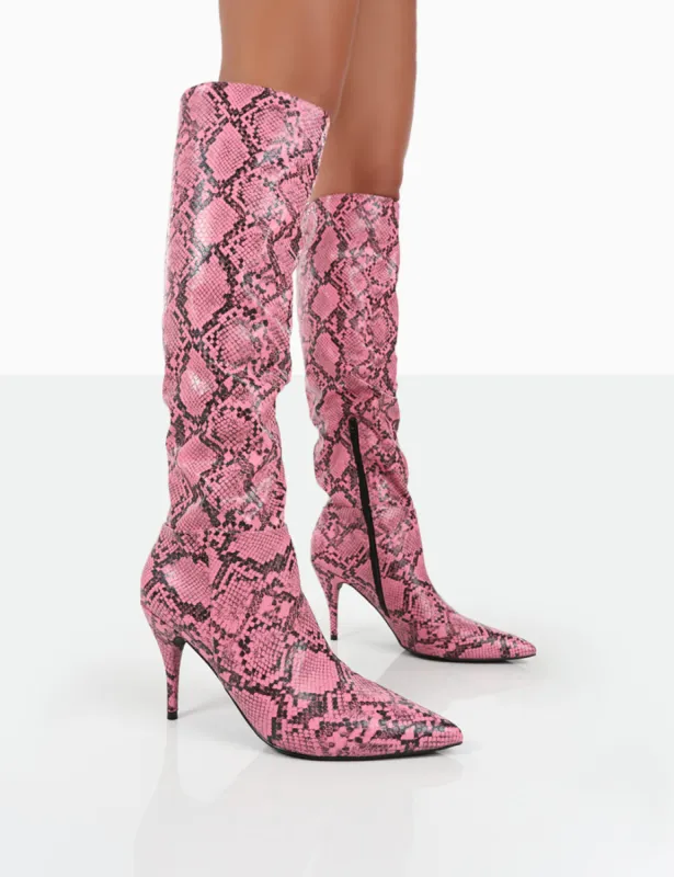Nicole Pink Snakeskin Slouch Knee High Boots sold by Public Desire
