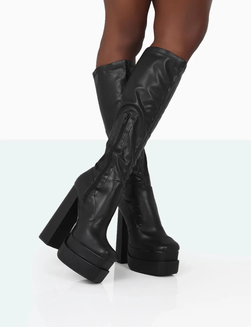 Passive Black PU Square Toe Platform Block High Heel Over The Knee Boots sold by Public Desire product image thumbnail 3