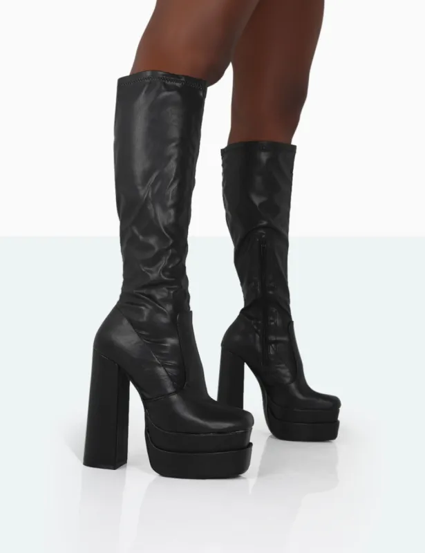 Passive Black PU Square Toe Platform Block High Heel Over The Knee Boots sold by Public Desire