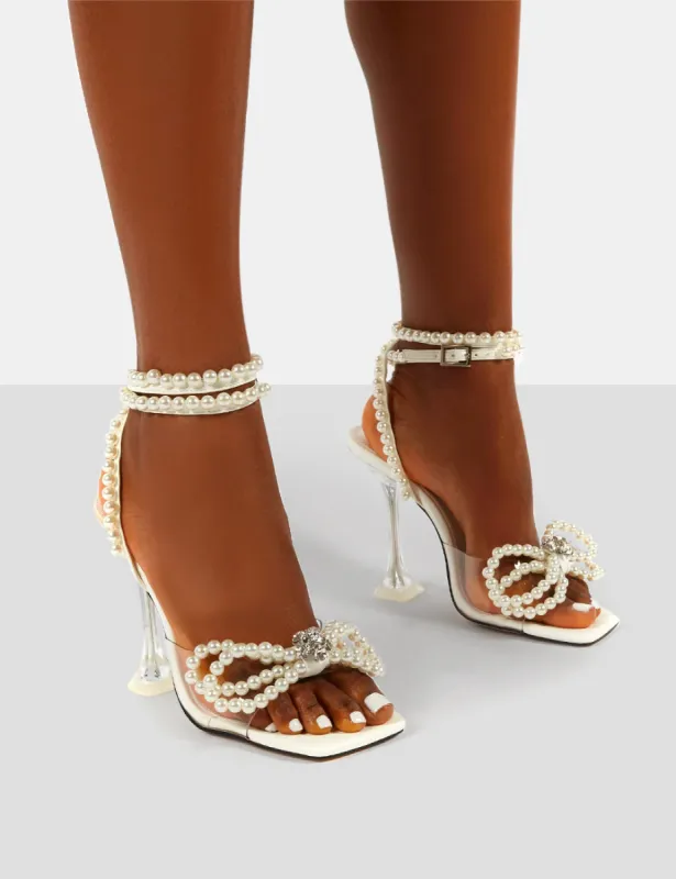 Glimmer White Wrap Around Pearl Detail Bow Square Toe Cake Stand Heels sold by Public Desire