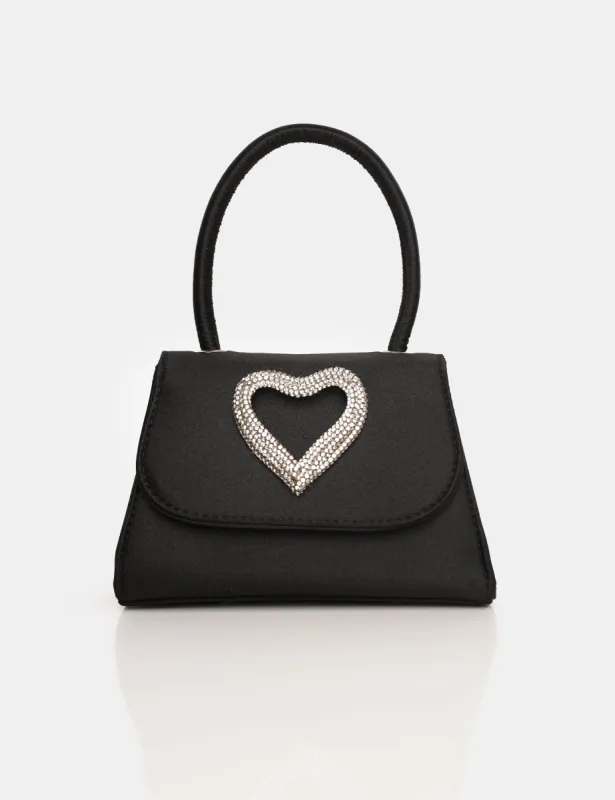 The Heart Black Satin Diamante Heart Mini Bag sold by Public Desire