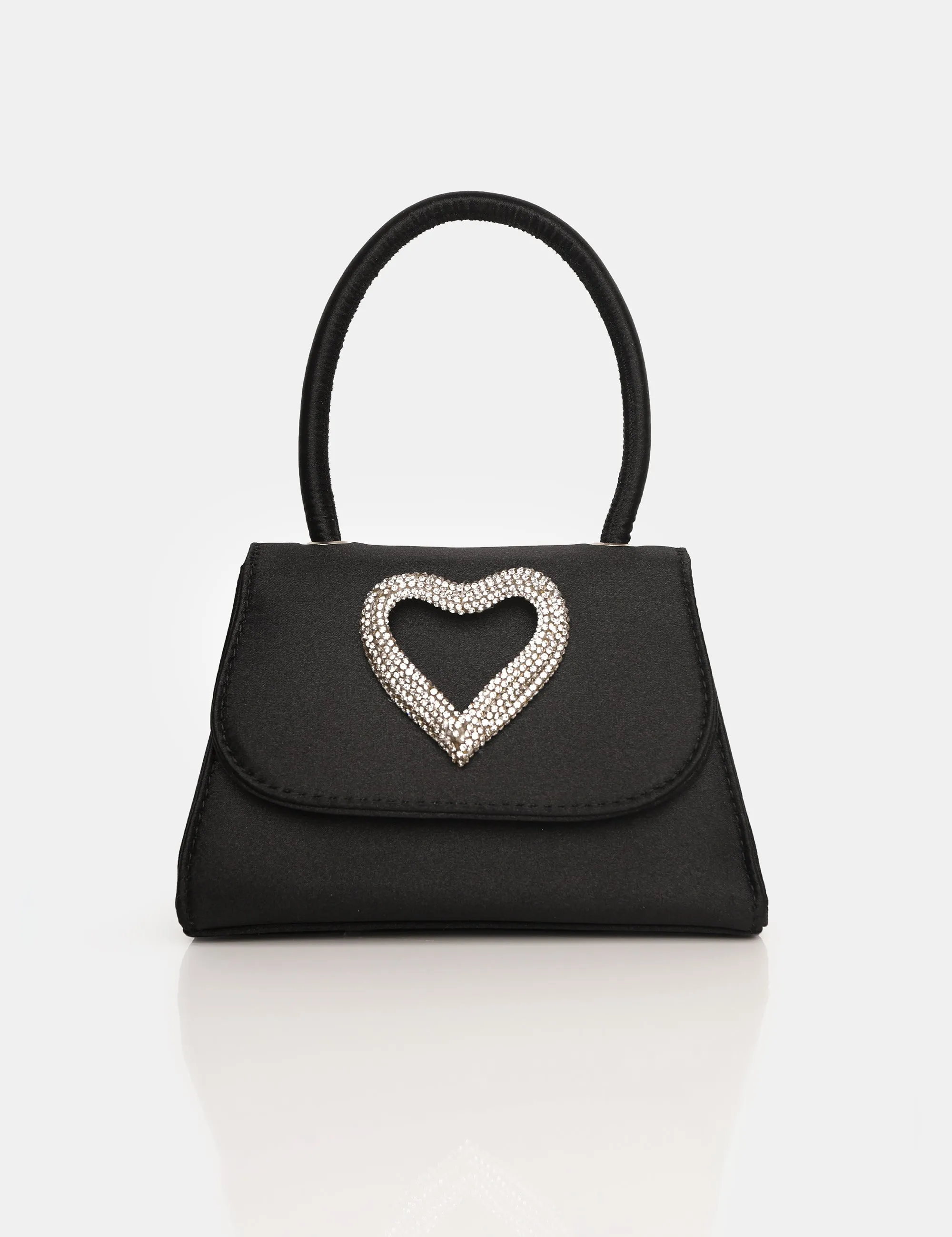 The Heart Black Satin Diamante Heart Mini Bag sold by Public Desire
