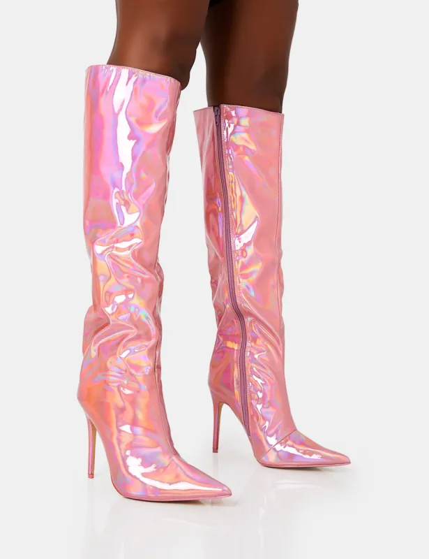 Tai Wide Fit Pink Metallic Pointed Toe Stiletto Knee High Boots sold by Public Desire