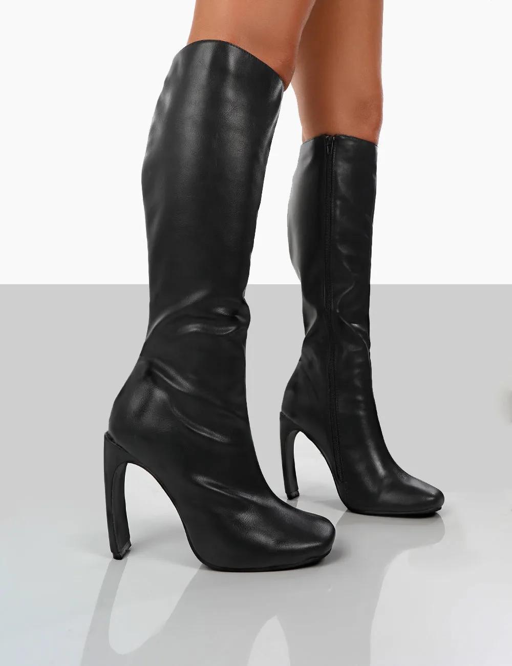 Peppa Black Pu Block Heel Knee High Boots sold by Public Desire