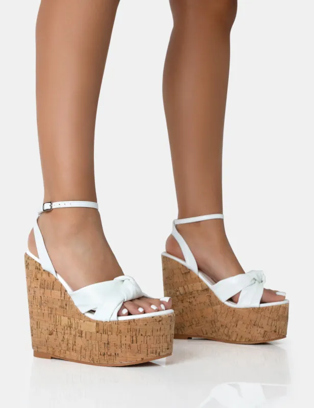 Sandy White PU Knot Strap Round Toe Cork Wedge Heels sold by Public Desire
