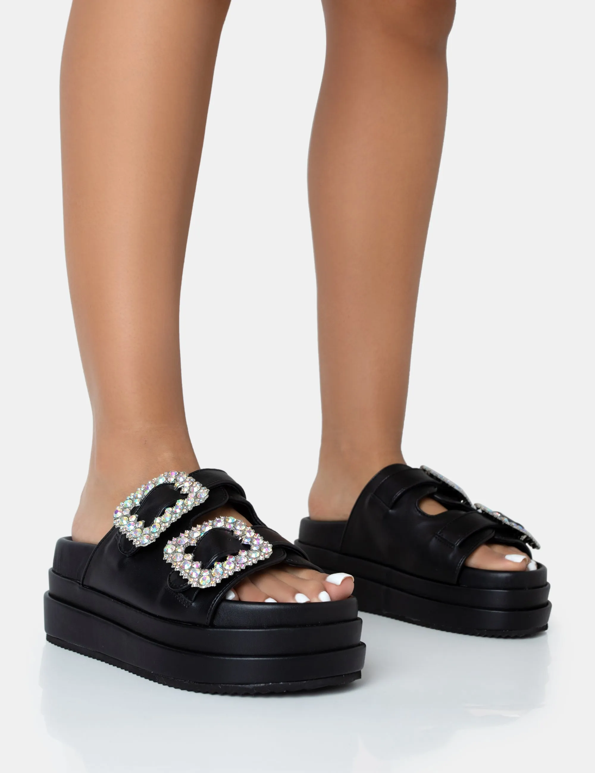 Lozzy Black Pu Diamante Buckle Double Strap Platform Slider Sandals sold by Public Desire