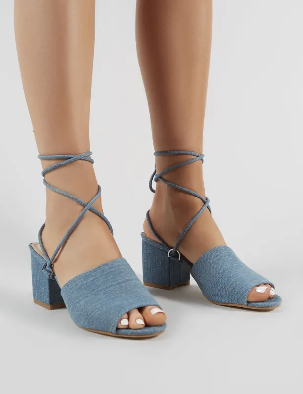 Paddington Lace Up Block Heeled Mules in Denim sold by Public Desire