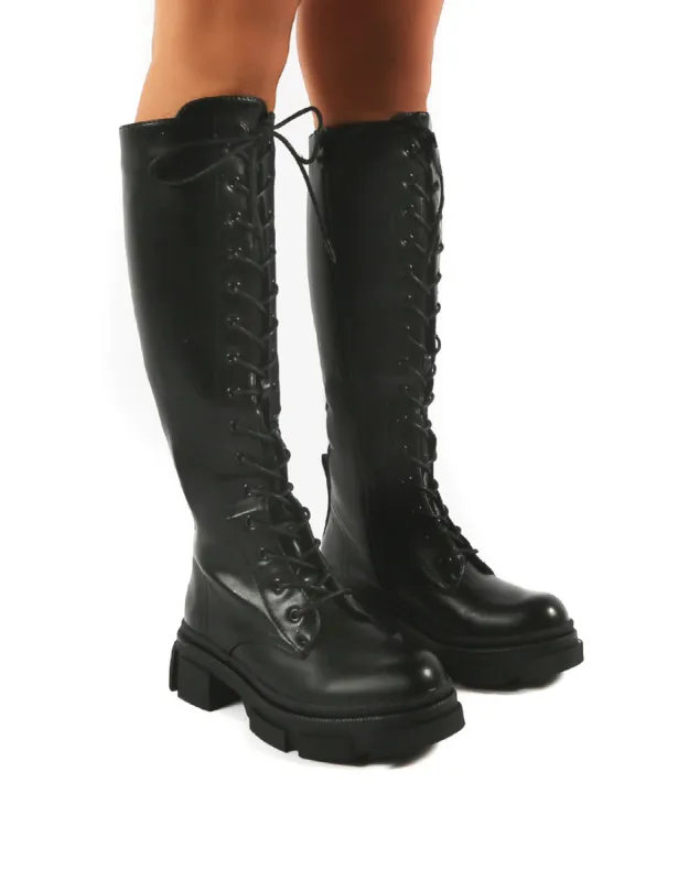 Cameo Black Chunky Sole Lace Up Knee High Boots sold by Public Desire