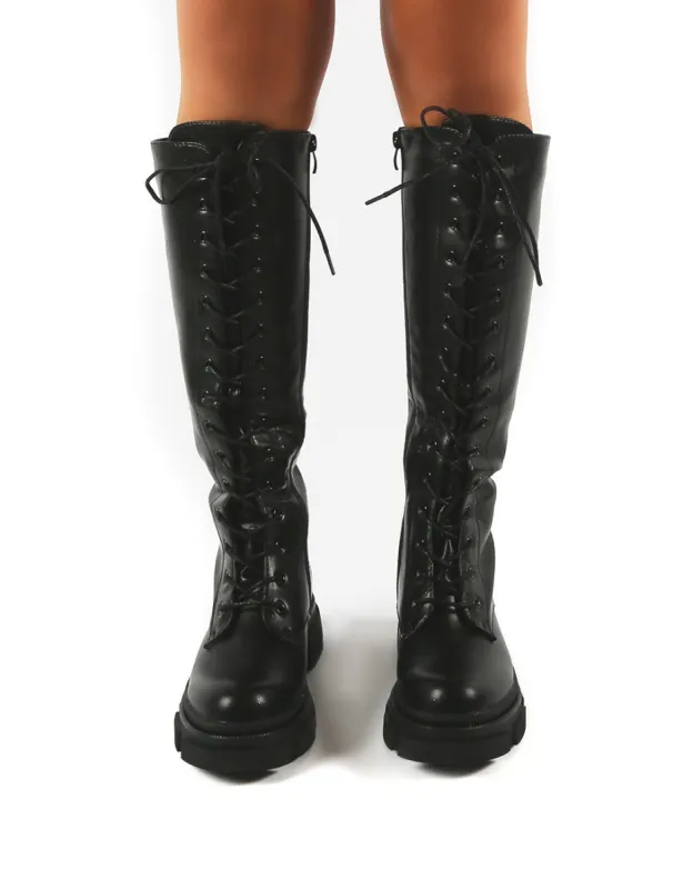 Slow Pink Snake Knee High Block Heel Boots sold by Public Desire