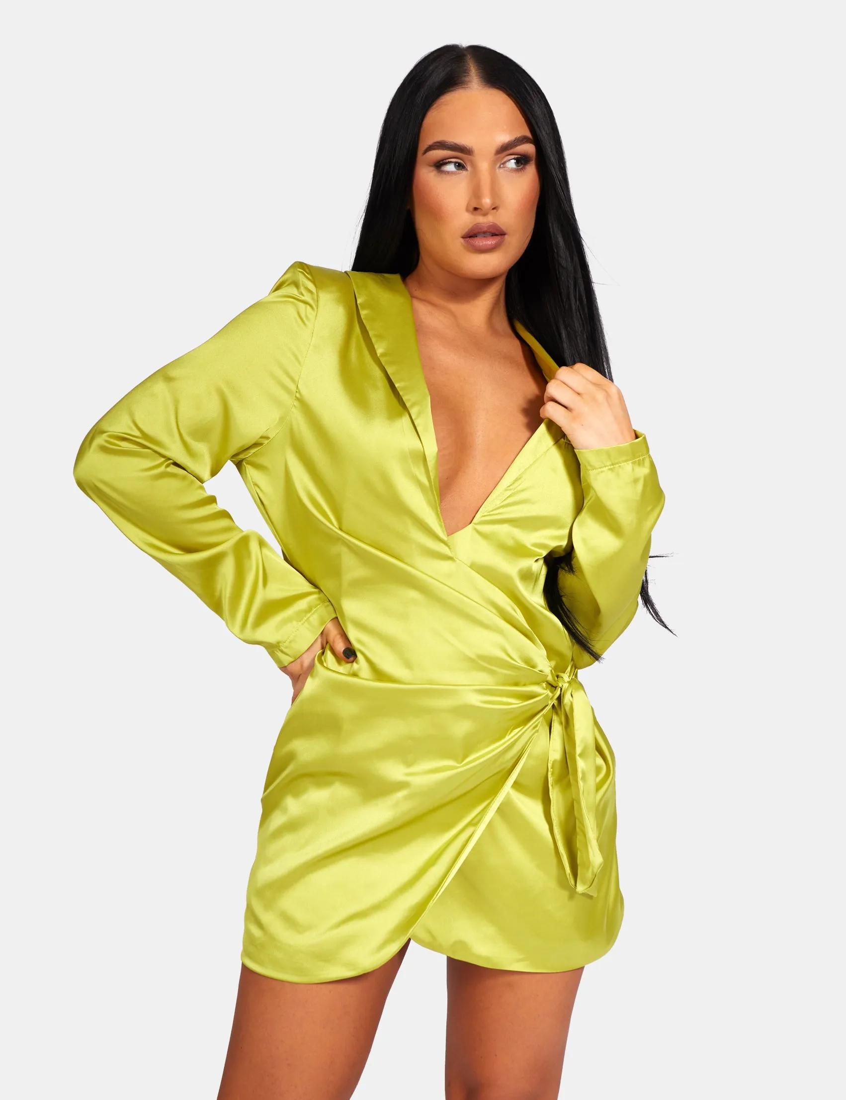 Tie Waist Satin Blazer Dress Lime sold by Public Desire product image thumbnail 3