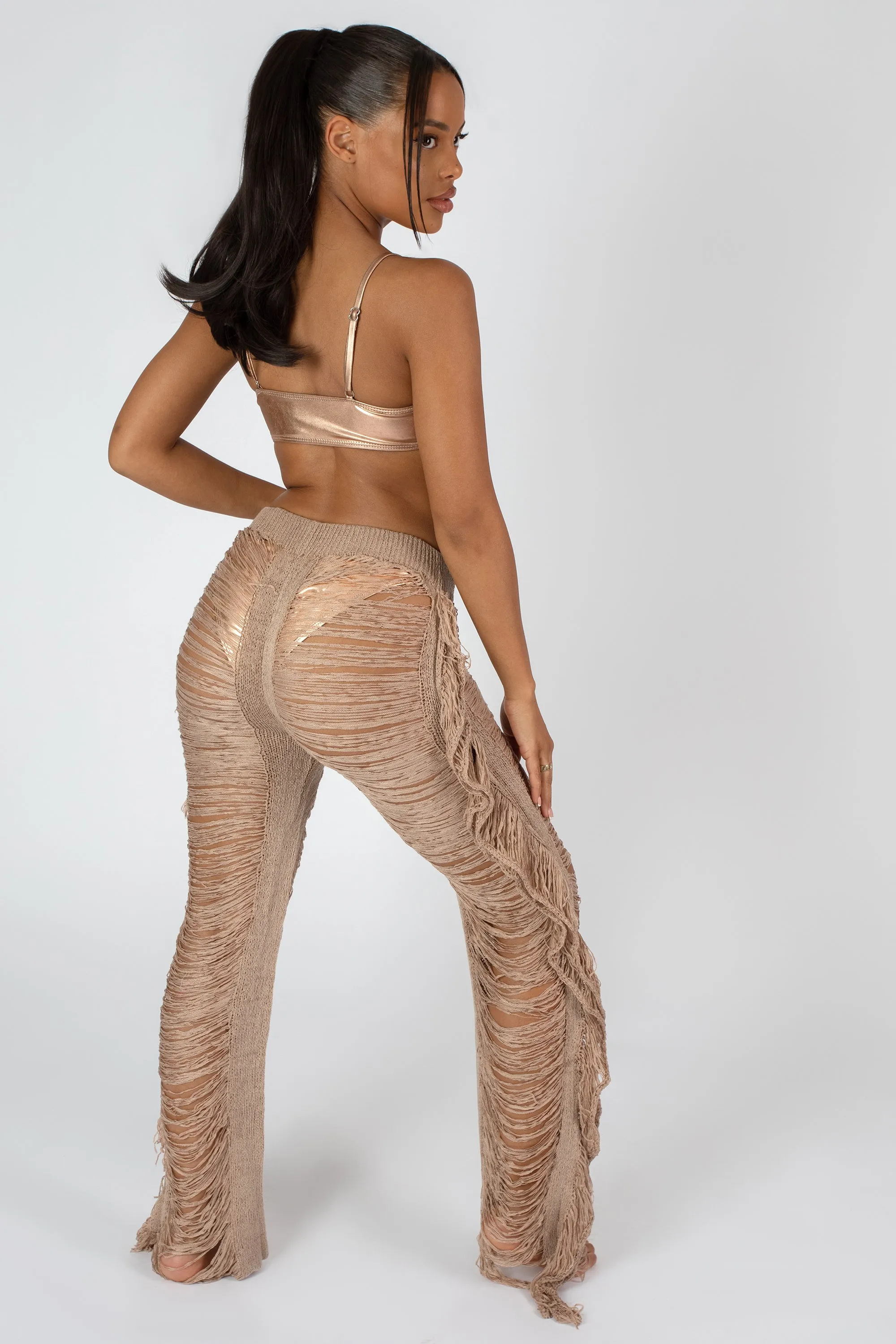 High Waist Extreme Laddered Frayed Straight Leg Knitted Trousers Nude sold by Public Desire product image thumbnail 2